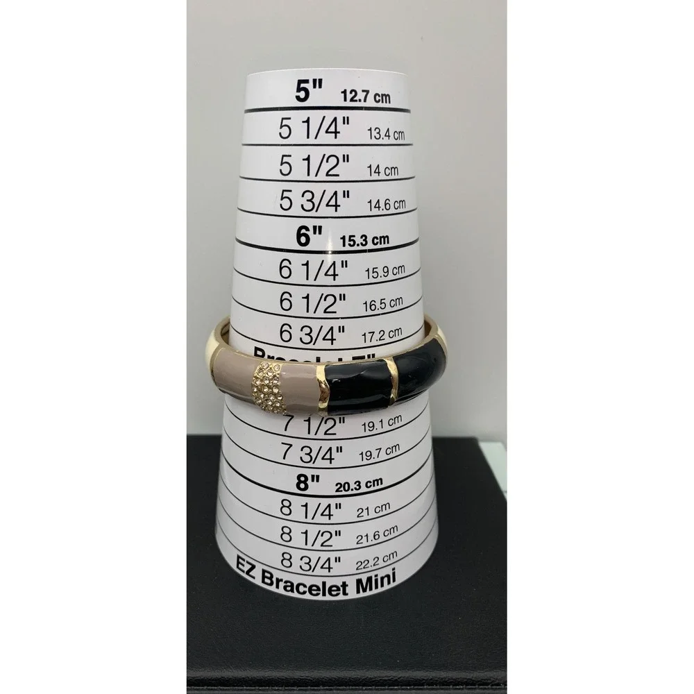 Gold Tone & black, cream & gray Enamel Rhinestone Bangle Hinged Clamper Bracelet